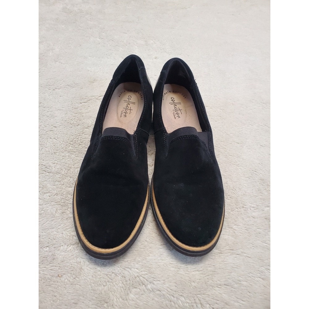 Clarks Black Suede Slip On Penny Loafers Shoes‎ 7.5 Classic Office Minimalist